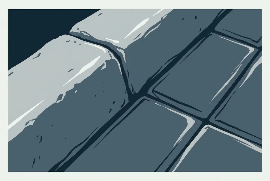 Illustrated material study of a concrete curbing edge and paver joint, in muted steel tones.